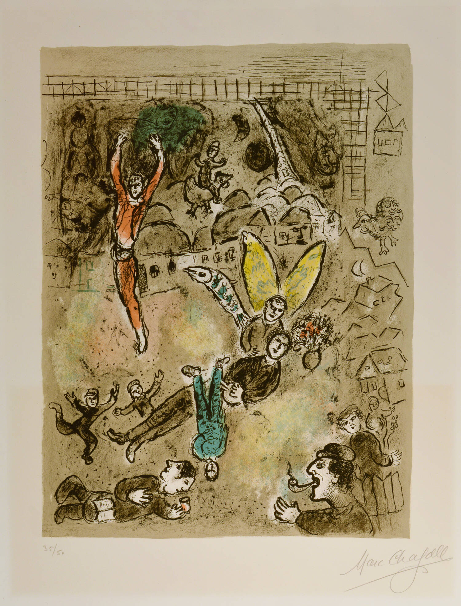 Color lithograph print with multiple people doing different things, mostly in shades of brown. On person in red appears to be dancing, another has yellow wings.